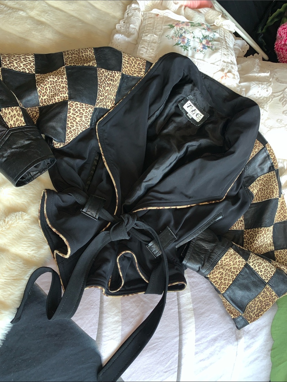 Unique Vintage 80s leopard animal print genuine suede leather wrap jacket L